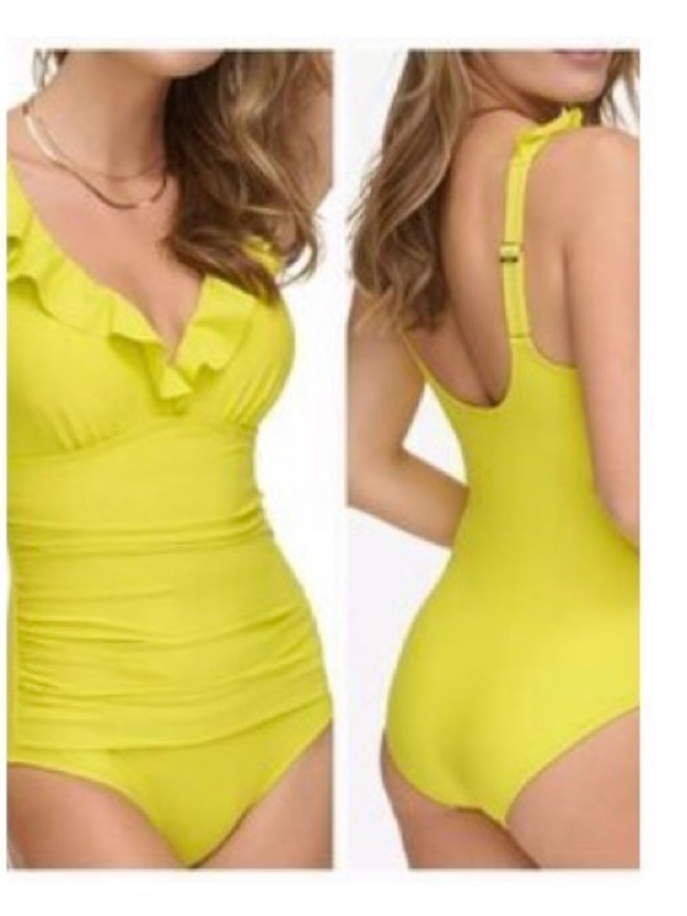 NWT💛DKNY Women’s Lemon Yellow One-Piece Swimsuit With Ruffles And Ruching.